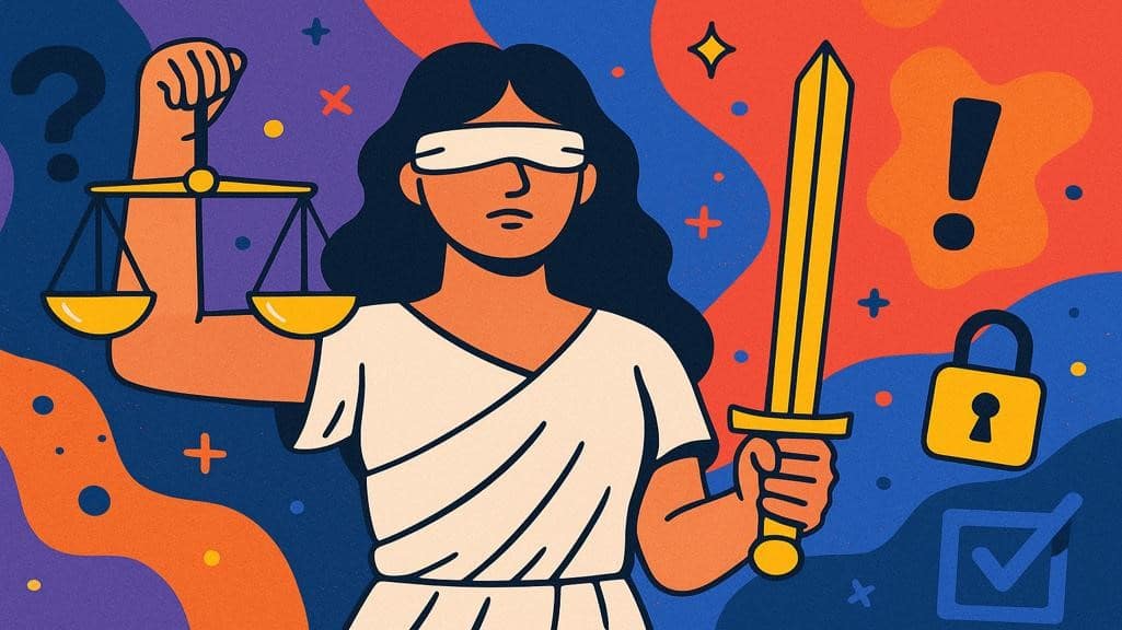 A woman who holds scales and swords. It represents justice and law.