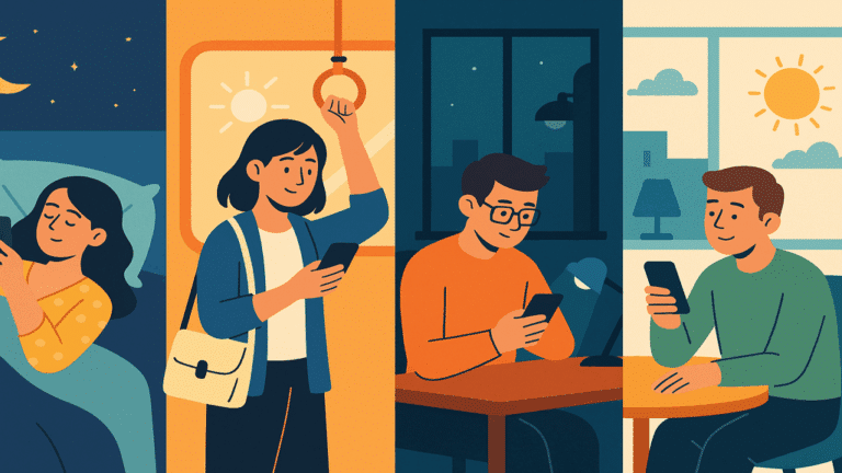 A full-color digital drawing depicts individuals of all sorts using devices in all sorts of contexts: one in pajamas in residence, another during work at a desk, another in the midst of a nighttime environment, and another in daylight—illustrating ready access to ViewerZone anytime and anywhere.
