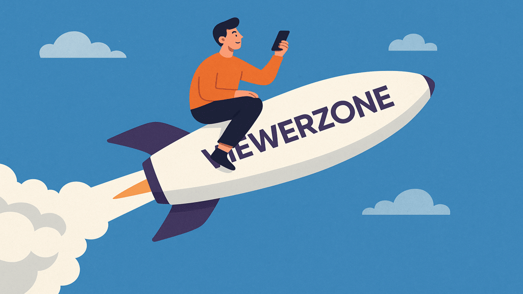 A young man rides through space in a rocket ship all the way into the atmosphere, cheerfully carrying a smartphone. It rides through the clouds with white smoke billowing behind it. Its body has the imprint “ViewerZone,” which has speed and internet power written all over it.