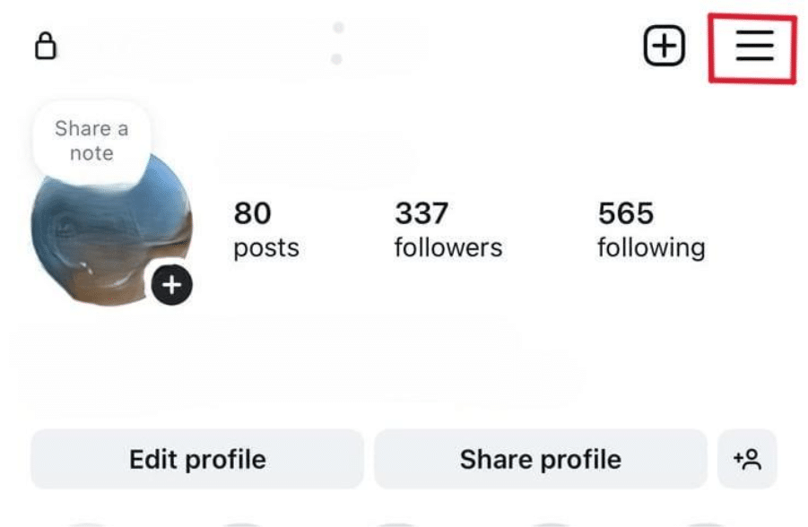 Instagram profile page showing posts, followers, and following, with the three-line menu button in the top right highlighted. 