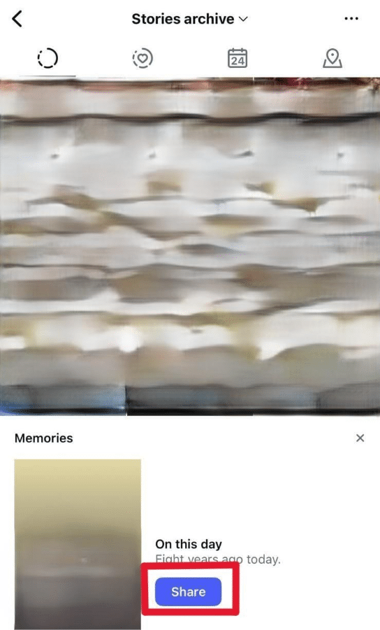 Instagram Stories archive screen showing a past memory, with the blue Share button highlighted to repost the story.