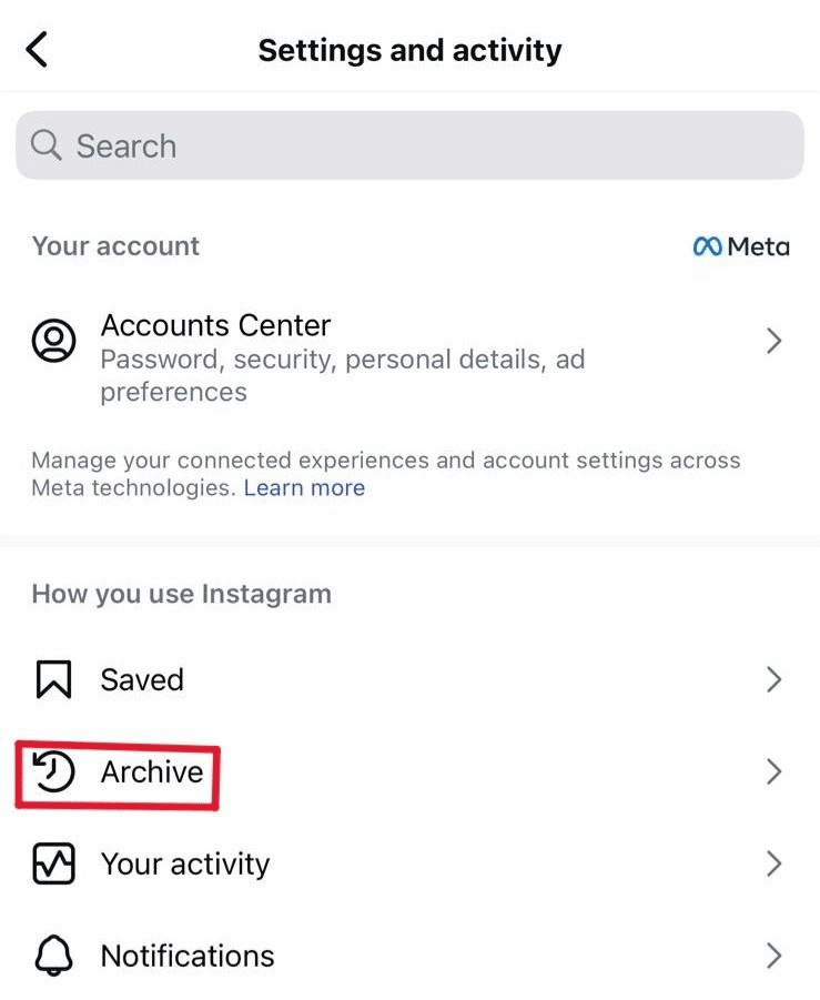 Instagram settings screen under "Settings and activity," with the Archive option highlighted in the menu list. 