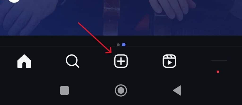 Screenshot of the Instagram home screen showing a red arrow pointing to the plus icon used to create a new story.