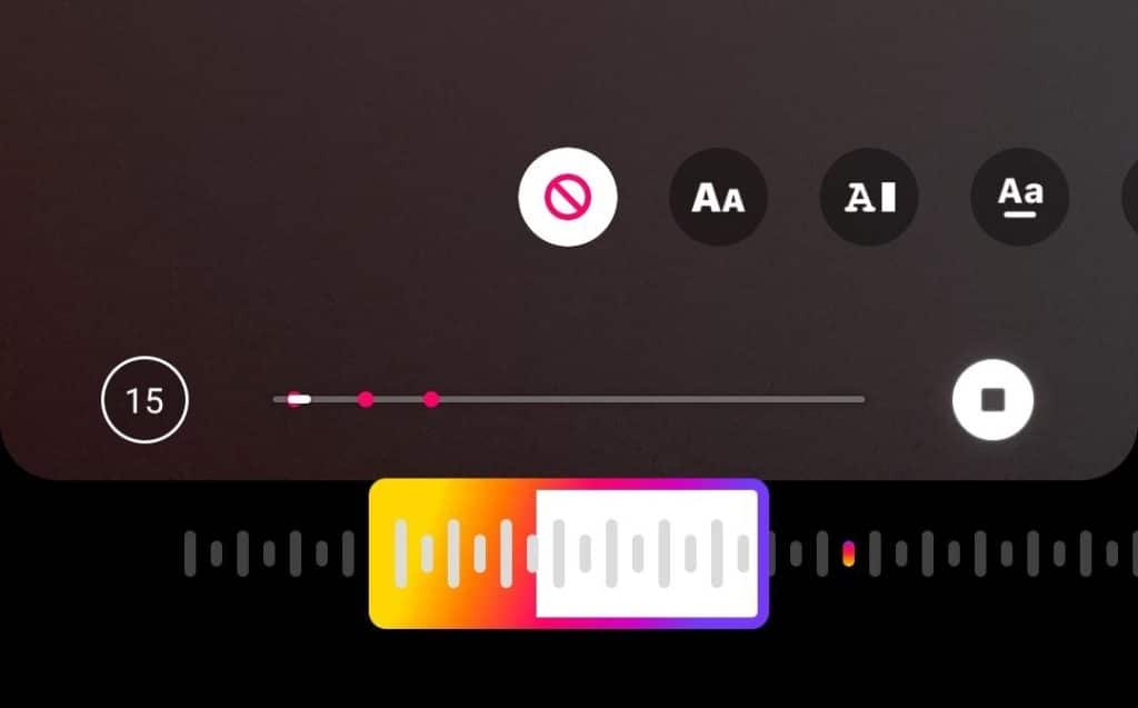 Instagram music editing screen showing a slider to select a song segment and lyric style options before adding music to a Story.