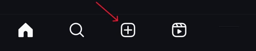 Instagram interface showing the bottom navigation bar with a red arrow pointing to the plus icon for opening the Story camera.