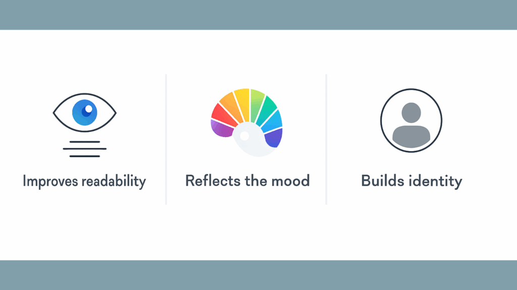 A horizontal infographic designed to explain why background choice matters, showing three icons for readability, mood, and identity, helping users quickly understand each concept.