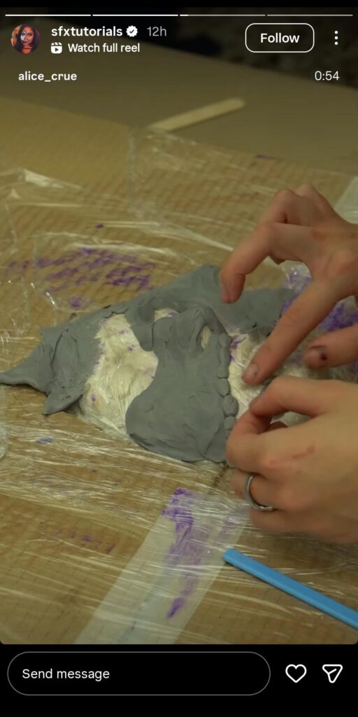 Hands shaping gray clay in an SFX tutorial, showing how creators can use Instagram Stories with tutorials.